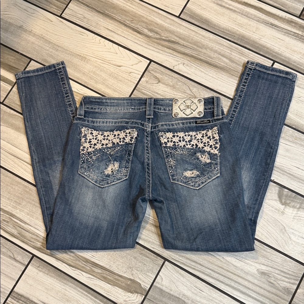 Miss Me Blue Straight Leg Jeans with Embroidered Pockets